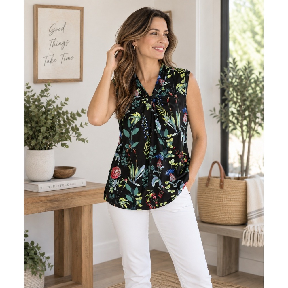 Tommy Hilfiger Women XL Black Floral Twist Tie Neck Sleeveless Blouse Top